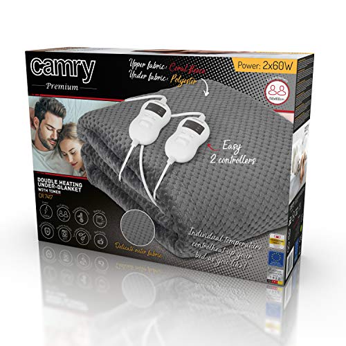 Camry Cr-7417 Calienta Camas Eléctrico Doble 120W, Forro Polar, Gris, 150x160 Camry Cr-7417 Calienta Camas Eléctrico Doble 120W, Forro Polar, Gris, 150x160