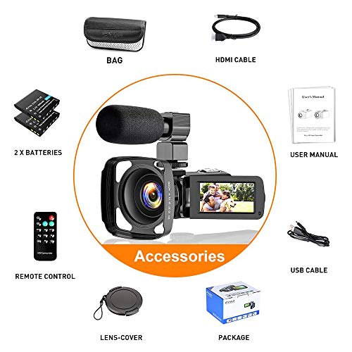 CamVeo 2.7K Videocámara Camcorder, Vlogging Kamera mit 1o6X leistungsstarken Zoom und 36 Mega Pixel IR Night Vision Digital, Kamera-Recorder mit 3,0 Zll LCD Touchscreen Camcorder Full HD mit Mikrofon