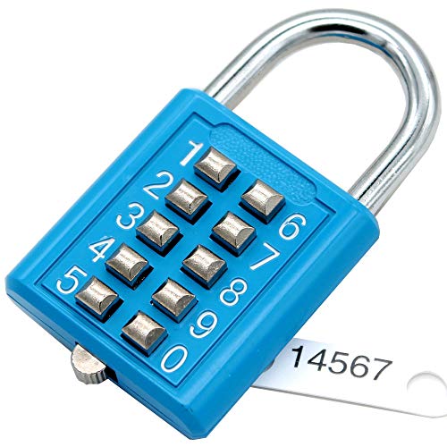 Candado de combinación con botón pulsador de 10 dígitos MIONI, mecanismo de bloqueo de 5 dígitos, azul