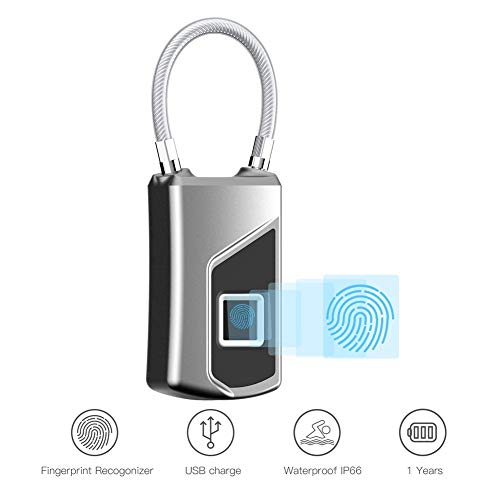 Candado de Huella Digital Inteligente, Cerradura de Seguridad Antirrobo Sin Llave IP66 Impermeable con Reconocimiento de Huellas Dactilares Carga USB