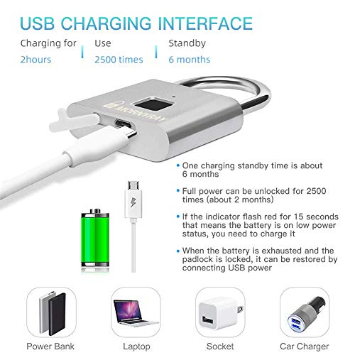 Candado Huella Dactilar Seguridad, Cerradura Electronica Sin Llave Inteligente IP65 Candado Recargable USB Antirrobo Prueba de Agua para Armario Escolar, Gimnasio, Puerta, Gabinete, Maleta (Plata) Candado Huella Dactilar Seguridad, Cerradura Electronica Sin Llave Inteligente IP65 Candado Recargable USB Antirrobo Prueba de Agua para Armario Escolar, Gimnasio, Puerta, Gabinete, Maleta (Plata)