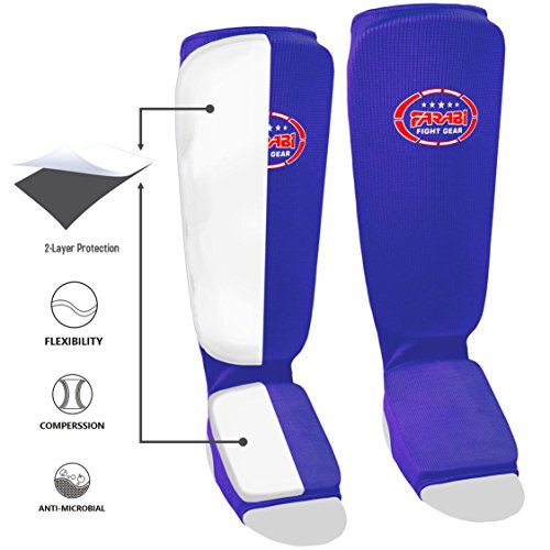 Canilleras y protectores de empeine Farabi, protectores de entrenamiento para Kickboxing, Karate, MMA altamente elásticas, azul