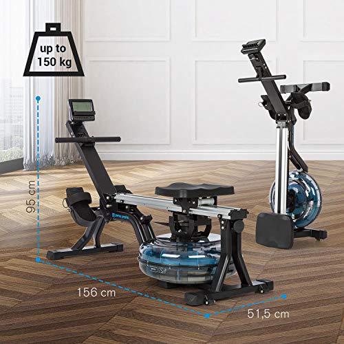 Capital Sports Flow - Máquina de Remo de Agua, Banco de Remo, 80 cm de Largo, Ordenador con Pantalla LCD, Soporte para tabletas, Aluminio y Acero, 8 Niveles/máx. 13 litros, Negro/Plateado