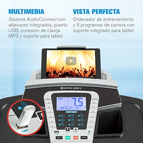 Capital Sports Pacemaker F80 Cinta de Correr - Cinta ergométrica Plana Plegable, 9 programas, Pantalla LCD, Potencia 3 PS, 4P-AntiShock Suspension, Reproductor Multimedia, Altavoces Integrados, Negro