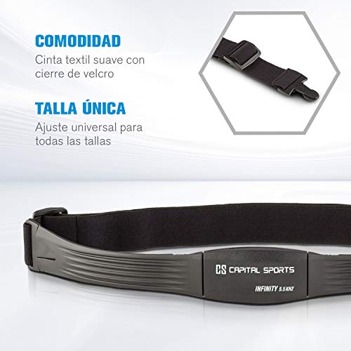 Capital Sports Pulse 5.5 Cinturón Cardiovascular - Conexión inalámbrica, Compatible con Las Cintas de Correr Infinity, Correa Textil, Tamaño Ajustable, Cierre rápido, Transpirable, Grado IPX7, Negro Capital Sports Pulse 5.5 Cinturón Cardiovascular - Conexión inalámbrica, Compatible con Las Cintas de Correr Infinity, Correa Textil, Tamaño Ajustable, Cierre rápido, Transpirable, Grado IPX7, Negro