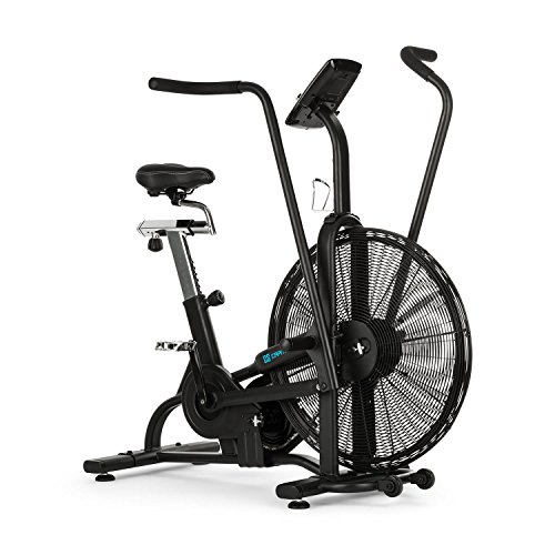 Capital Sports Strike Bike - Bicicleta estática, Cardioentrenador, Ventilador de Resistencia, Ordenador Integrado, Bluetooth, Altura y Fondo Ajustables, Soporte Tableta, Peso máx: 150Kg, Negro