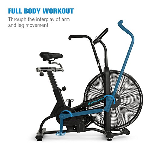 Capital Sports Strike Bike - Bicicleta estática, Cardioentrenador, Ventilador de Resistencia, Ordenador Integrado, Bluetooth, Altura y Fondo Ajustables, Soporte Tableta, Peso máx: 150Kg, Negro