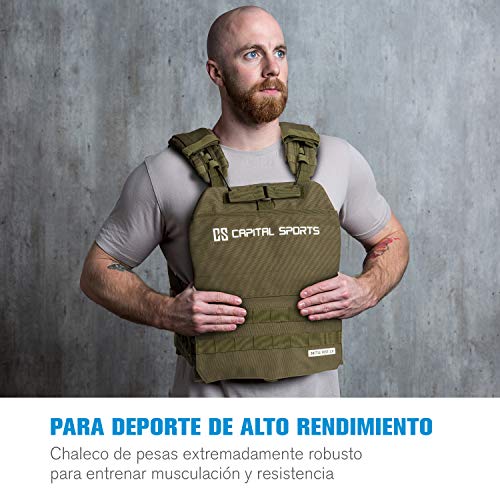 CapitalSports Battlevest 2.0 - Chaleco lastrado, Cintas Velcro, Acolchado, Malla Interior, Cable desenganche rápido, Mango Arrastre, Transpirable, 2 Pesas Acero, 2 x 8,75 lbs, Verde