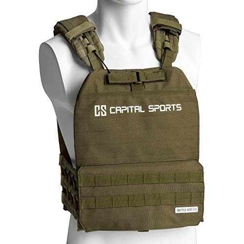 CapitalSports Battlevest 2.0 - Chaleco lastrado, Cintas Velcro, Acolchado, Malla Interior, Cable desenganche rápido, Mango Arrastre, Transpirable, 2 Pesas Acero, 2 x 8,75 lbs, Verde