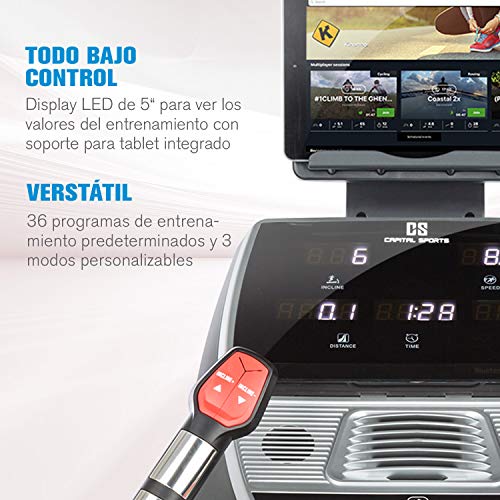 CapitalSports Infinity Track 4.0 - Cinta de Correr, 5,5 PS de Potencia, Bluetooth, Aplicación Kinomap, Suspensión AntiShock, Pantalla LCD, 36 programas, 3 Modos, Gris