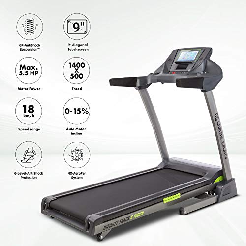 CapitalSports Infinity Track 6.0 Touch - Cinta para Correr, 6P AntiShock, 5,5 CV, WiFi, 9" Pantalla TFT, Display táctil, Inclinación del 15%, Altavoces Integrados, USB, AUX 3,5 mm, Antracita