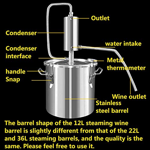 CARACHOME Kit de preparación de Whisky de 12/22 l, destilador de Alcohol de Agua, Fabricante de aceites Esenciales, Caldera de Tubo de Acero Inoxidable con termómetro, Kit de elaboración de Vino,12L