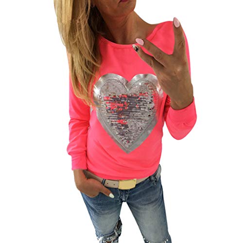 Caramelo de Mujer Fluorescente Cuello Redondo Manga Larga Corazón Camiseta de Lentejuelas Casual Elegantes Blusa Delgado Sudadera Camiseta Oficina Camisa riou