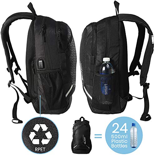 CarbonBlack Mochila Deportiva Resistente al Agua, Bolsa para Gimnasio Apta para Portátil, Bolsa de Viaje Hecha a Partir de Botellas de Plástico Recicladas