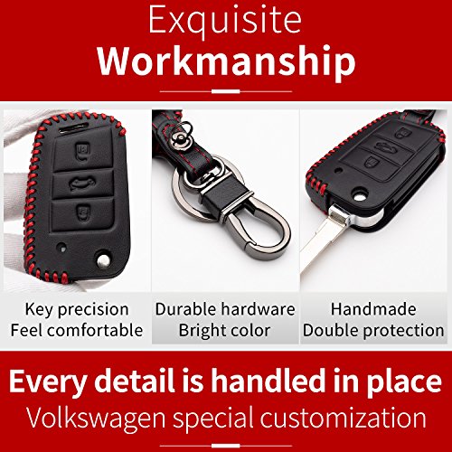 Carcasa Funda de Piel con Llaveros para Llave Volkswagen VW MK7 Golf 7 Tiguan Touran 2017 Skoda Octavia Seat Leon 3 Botones Protección Cuero Sintético de Mando a Distancia Coche(Red Edition)