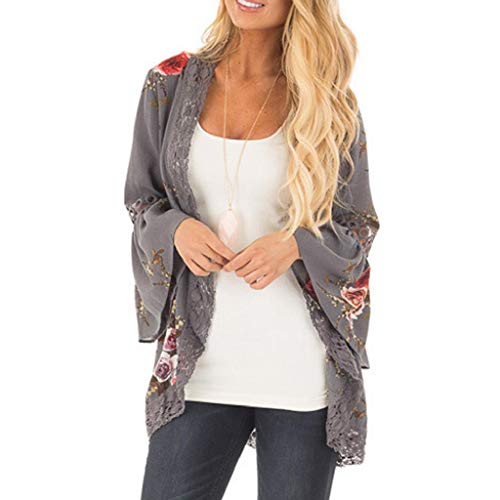 Cardigans Mujer Flores 2019 Nuevo SHOBDW Pareos Casual Cardigans Mujer Kimono Manga 3/4 Tops Blusa Camisa de Protección Solar Verano Cover Up Playa Mujer(Gris,XL)