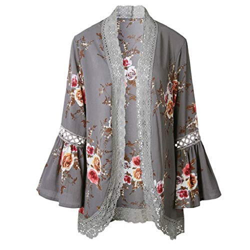 Cardigans Mujer Flores 2019 Nuevo SHOBDW Pareos Casual Cardigans Mujer Kimono Manga 3/4 Tops Blusa Camisa de Protección Solar Verano Cover Up Playa Mujer(Gris,XL)