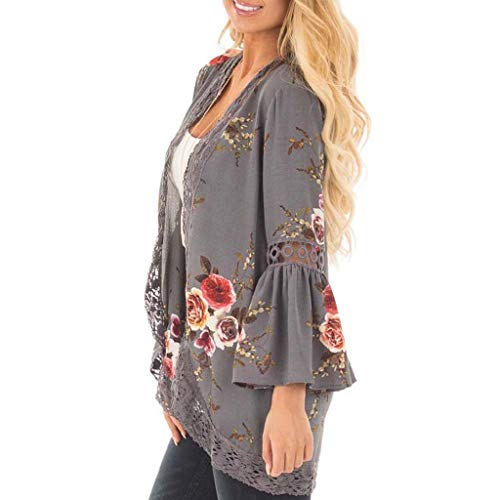 Cardigans Mujer Flores 2019 Nuevo SHOBDW Pareos Casual Cardigans Mujer Kimono Manga 3/4 Tops Blusa Camisa de Protección Solar Verano Cover Up Playa Mujer(Gris,XL)