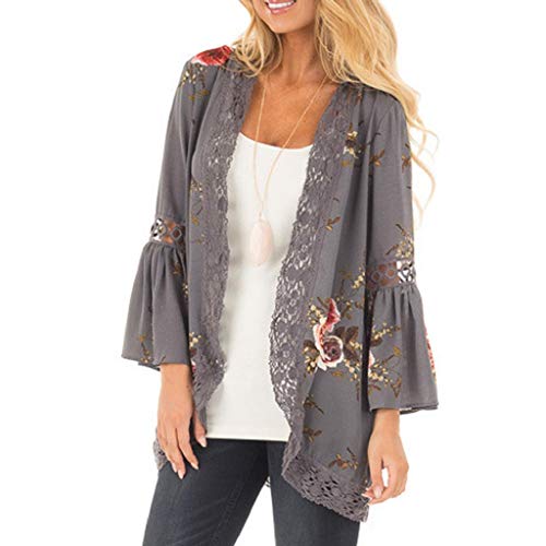 Cardigans Mujer Flores 2019 Nuevo SHOBDW Pareos Casual Cardigans Mujer Kimono Manga 3/4 Tops Blusa Camisa de Protección Solar Verano Cover Up Playa Mujer(Gris,XL)