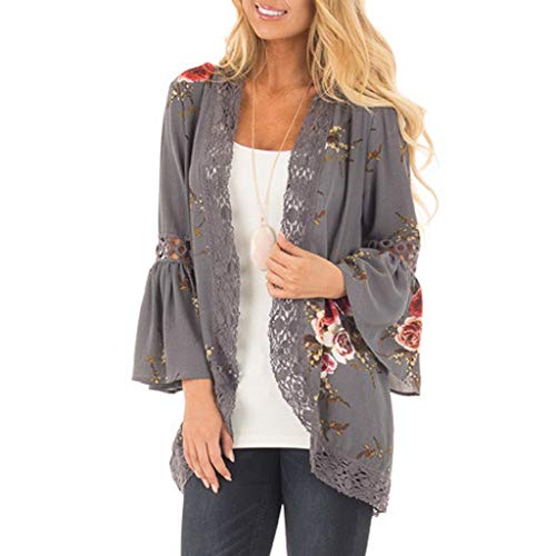 Cardigans Mujer Flores 2019 Nuevo SHOBDW Pareos Casual Cardigans Mujer Kimono Manga 3/4 Tops Blusa Camisa de Protección Solar Verano Cover Up Playa Mujer(Gris,XL)