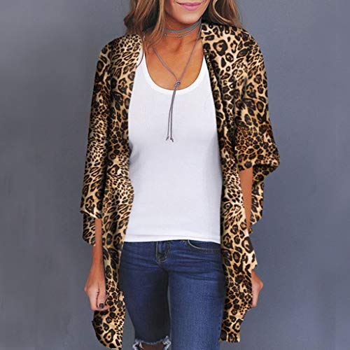 Cardigans Mujer Kimono 2019 Nuevo SHOBDW Pareos Casual Cover Up Bikini Playa de Verano Estampado de Leopardo Suelto Media Manga Chal Cardigans Mujer Tallas Grandes S-XXXL(Marrón 2,3XL)