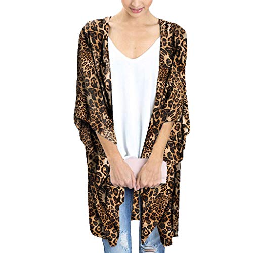 Cardigans Mujer Kimono 2019 Nuevo SHOBDW Pareos Casual Cover Up Bikini Playa de Verano Estampado de Leopardo Suelto Media Manga Chal Cardigans Mujer Tallas Grandes S-XXXL(Marrón 2,3XL)