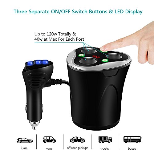 Cargador de Coche 3 USB Adaptador + 3 Sockets Encendedor de Cigarrillos Splitter 120W 12/24V con LED Voltaje Display Separado on/Off Interruptor Sostenedor de Taza para iPhone GPS & Dash CAM