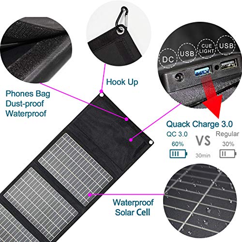 Cargador solar plegable 28W panel solar 2 puertos USB 1 puerto DC portátil impermeable QC3.0 cargador solar de carga rápida para camping, teléfonos móviles, banco de energía