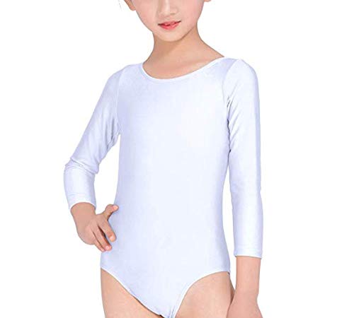 Carnavalife Maillot Ballet Danza Niña de Manga Larga y Cuello Redondo (Blanco, 10-12 años)