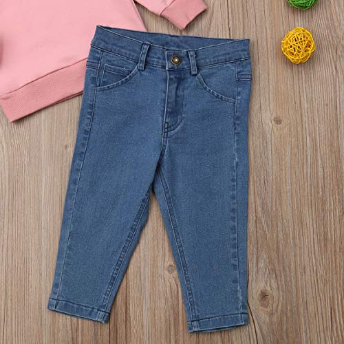 Carolilly - Conjunto de 2 sudaderas de manga larga con volante y pantalón de vaquero flexible (de 1 a 6 años) rosa 2-3 Years Carolilly - Conjunto de 2 sudaderas de manga larga con volante y pantalón de vaquero flexible (de 1 a 6 años) rosa 2-3 Years
