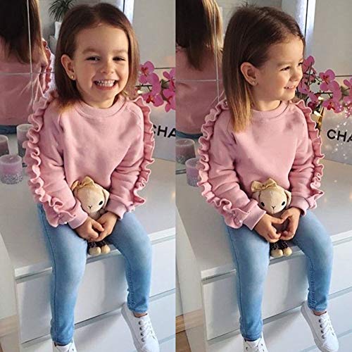 Carolilly - Conjunto de 2 sudaderas de manga larga con volante y pantalón de vaquero flexible (de 1 a 6 años) rosa 2-3 Years Carolilly - Conjunto de 2 sudaderas de manga larga con volante y pantalón de vaquero flexible (de 1 a 6 años) rosa 2-3 Years