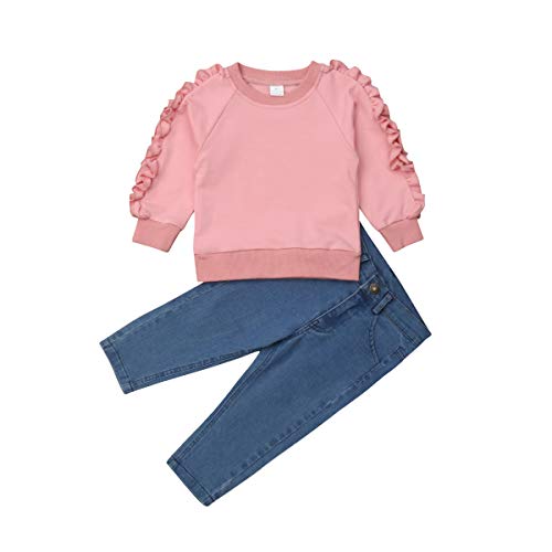 Carolilly - Conjunto de 2 sudaderas de manga larga con volante y pantalón de vaquero flexible (de 1 a 6 años) rosa 2-3 Years