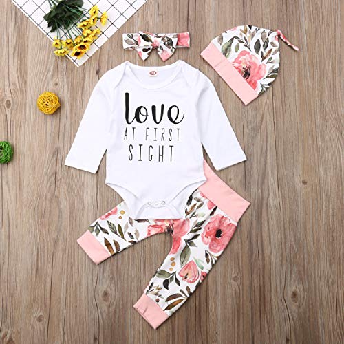 Carolilly - Conjunto de 4 piezas de ropa de bebé con letras de manga larga + pantalones florales + diadema + gorro de algodón para niña Love 0-6 meses