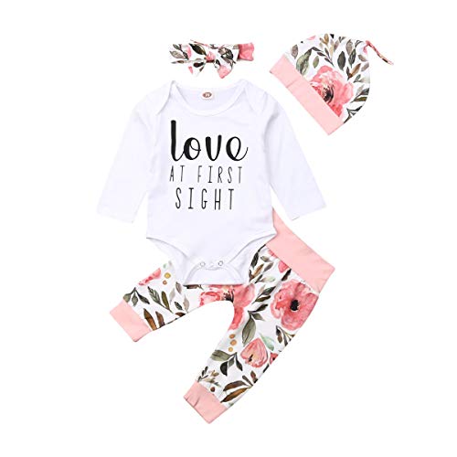 Carolilly - Conjunto de 4 piezas de ropa de bebé con letras de manga larga + pantalones florales + diadema + gorro de algodón para niña Love 0-6 meses