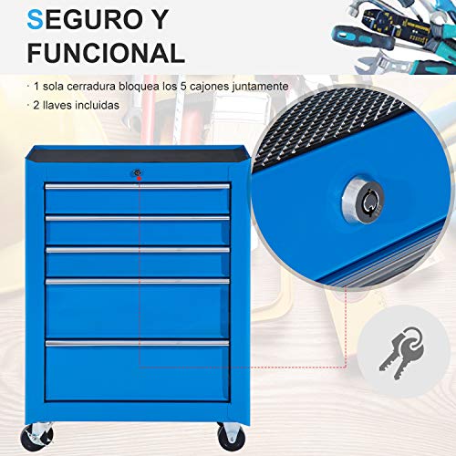 Carro Caja de Herramientas Taller Movil 5 Cajones 4 Ruedas Cerradura Color Azul