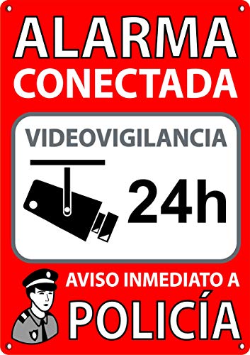 Cartel Alarma Conectada A5 Interior/Exterior | Placa Disuasoria PVC Flexible, Cartel Aviso a Policía, 21x15 cm Rojo