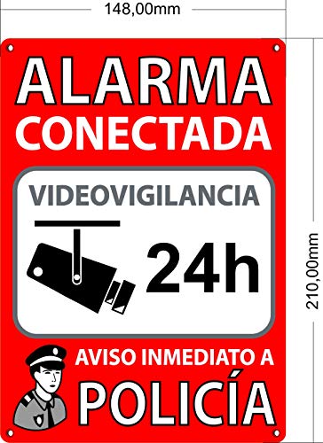 Cartel Alarma Conectada A5 Interior/Exterior | Placa Disuasoria PVC Flexible, Cartel Aviso a Policía, 21x15 cm Rojo