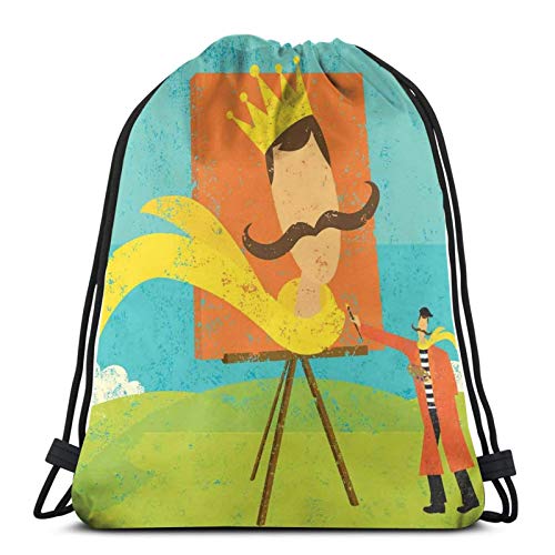 Cartoon Artist Painting His Giant Portrait In A Crown On Hill Grunge Weathered Effect,Gym Drawstring Bags Backpack String Bag Sport Sackpack Gifts For Men & Women