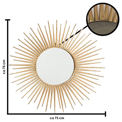 CasaJame Hogar Muebles Decoración Espejo de Pared en Forma de Sol Estilo Étnico Moderno Hierro Dorado Ø 75 cm