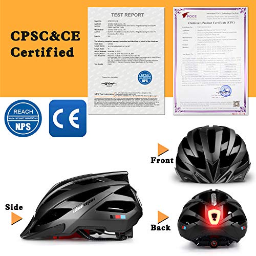 Casco Bicicleta/Casco Bicic con Luz LED,Certificado CE,Casco Ciclismo con Visera y Forro Desmontable Especializado con Luz de Seguridad Super Light Casco Bici para Skateboarding Ski & Snowboard