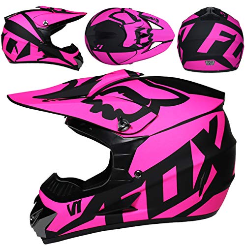 Casco de Moto, Casco de Motocross para Niños y Adultos con Gafas Descenso, Casco de MTB de Integrales, Casco de Cross para Quad Enduro Carreras Deportes Motocicleta con Diseño de FOX - Rosa Mate