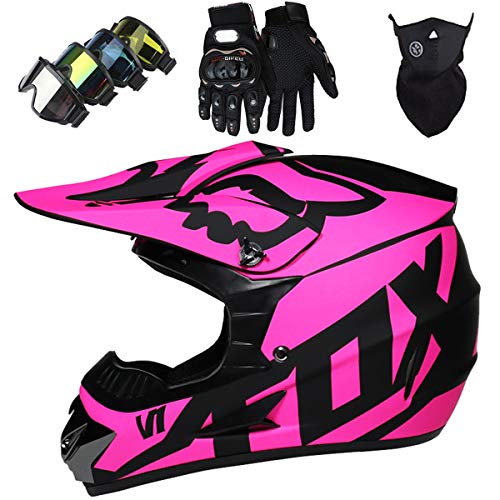 Casco de Moto, Casco de Motocross para Niños y Adultos con Gafas Descenso, Casco de MTB de Integrales, Casco de Cross para Quad Enduro Carreras Deportes Motocicleta con Diseño de FOX - Rosa Mate