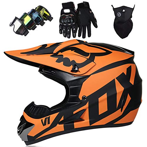 Casco Motocross Niño 5~12 Años ECE Homologado Casco Moto Integral Unisex para Moto Cross Descenso Enduro MTB Quad BMX Bicicleta (Gafas+Máscara+Guantes) con Diseño FOX - MJH-01 - Mate Negro Naranja