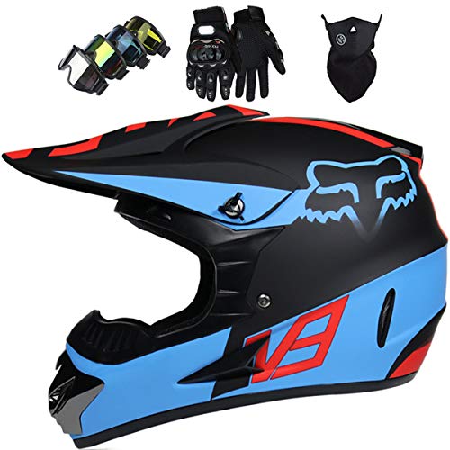 Casco MTB de Integrales con Gafas Guantes Máscara, Homologado DOT, Casco de Motocross para Niños y Adultos, Casco de Protección para Eléctrico Dirt Bike MX ATV - con Diseño Fox - Negro Mate Azul