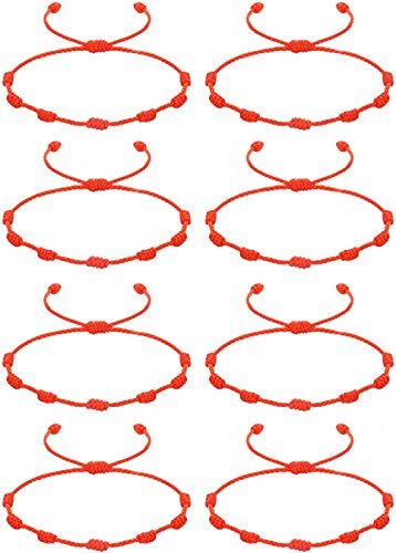 CASSIECA 8Pcs Pulsera Roja 7 Nudos Amuleto del Kabbalah Pulsera Cordón Pulsera Hilo Rojo de la Suerte Unisex Pulsera Ajustable para Mujeres Hombres Tibetano Pulsera Amistad