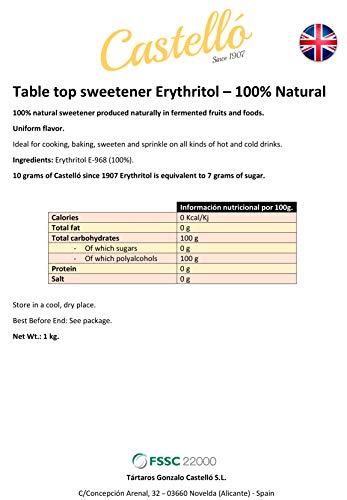 Castelló Since 1907 Edulcorante Eritritol - 1 kg Castelló Since 1907 Edulcorante Eritritol - 1 kg