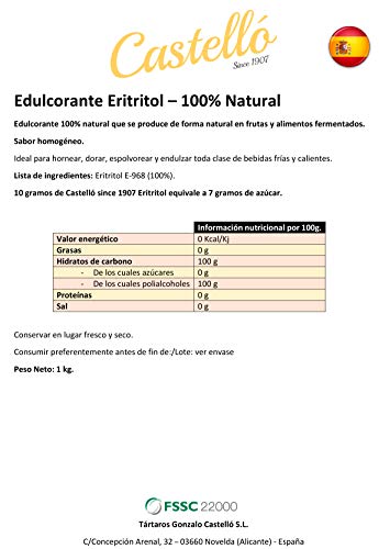 Castelló Since 1907 Edulcorante Eritritol - 1 kg Castelló Since 1907 Edulcorante Eritritol - 1 kg