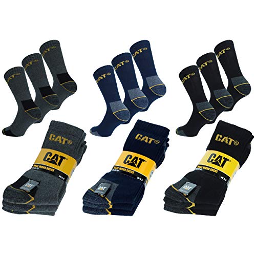 Caterpillar 6 Pares Calcetines Trabajo, Reforzados Talón Punta, Algodón (Negro, 39-42)