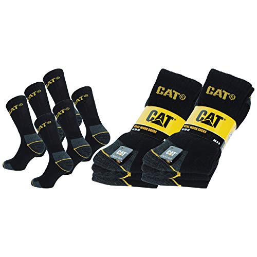 Caterpillar 6 Pares Calcetines Trabajo, Reforzados Talón Punta, Algodón (Negro, 39-42)