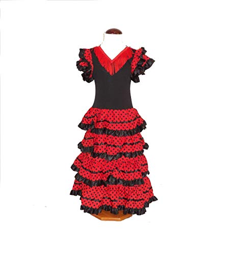 CB Traje de Flamenca, faralaes, sevillana. Mujer, Talla M (48). (Rojo y Negro)